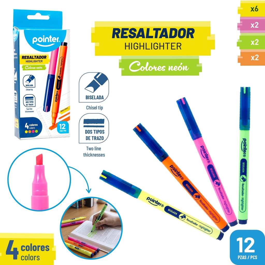 RESALTADOR NEON DELGADO 4 COLORES 12PZAS