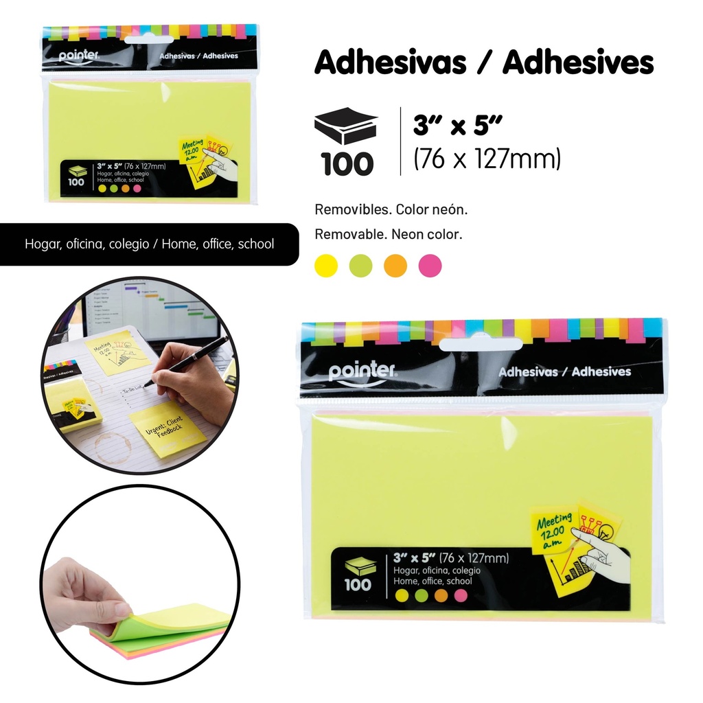 NOTAS ADHESIVAS REMOVIBLES NEON 3X5 X100