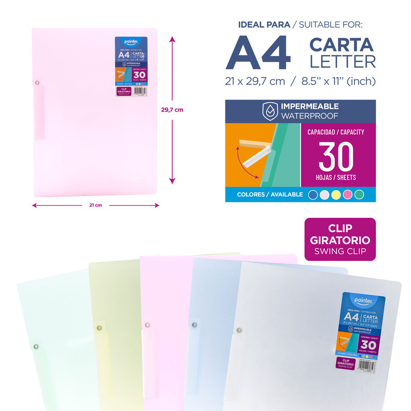CARPETA PLASTICA DE COLOR CON CLIP GIRATORIO - A4/CARTA 21x29,7Cm