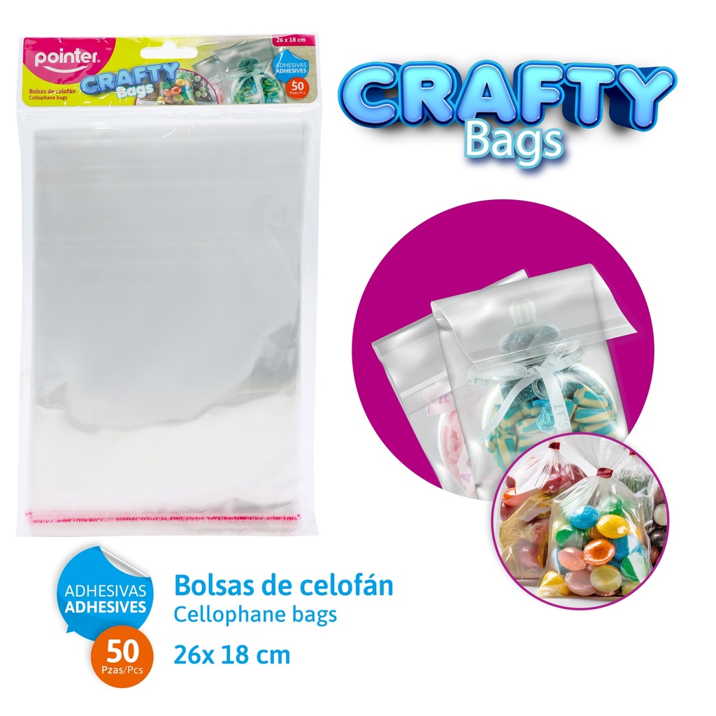 BOLSAS DE CELOFAN ADHESIVAS x50PZAS - 26 x 18CM