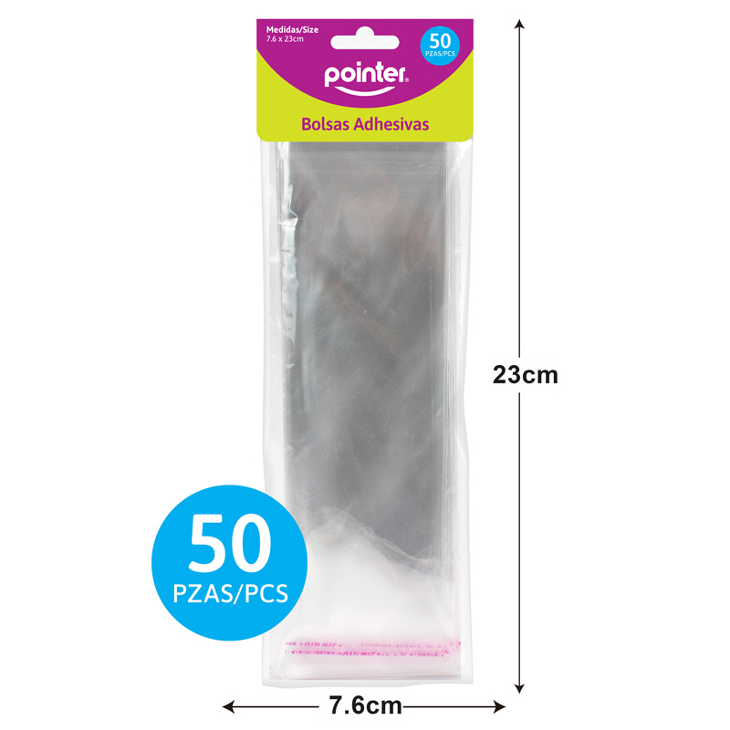 BOLSAS DE CELOFAN ADHESIVAS x50PZAS - 7.6 x 23CM