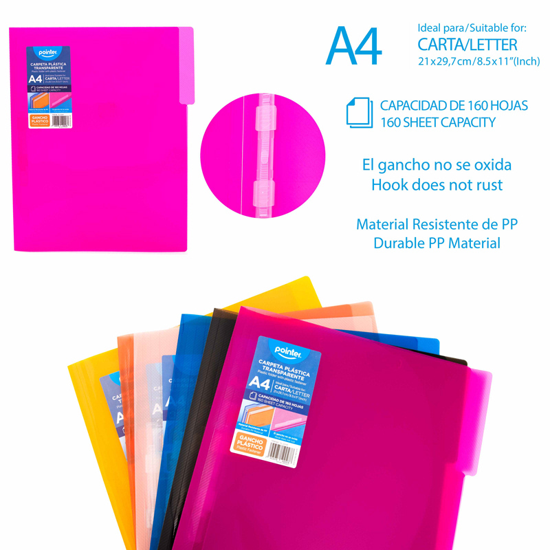CARPETA PLASTICA TRANSPARENTE CON GANCHO - CARTA/A4 21x29,7Cm