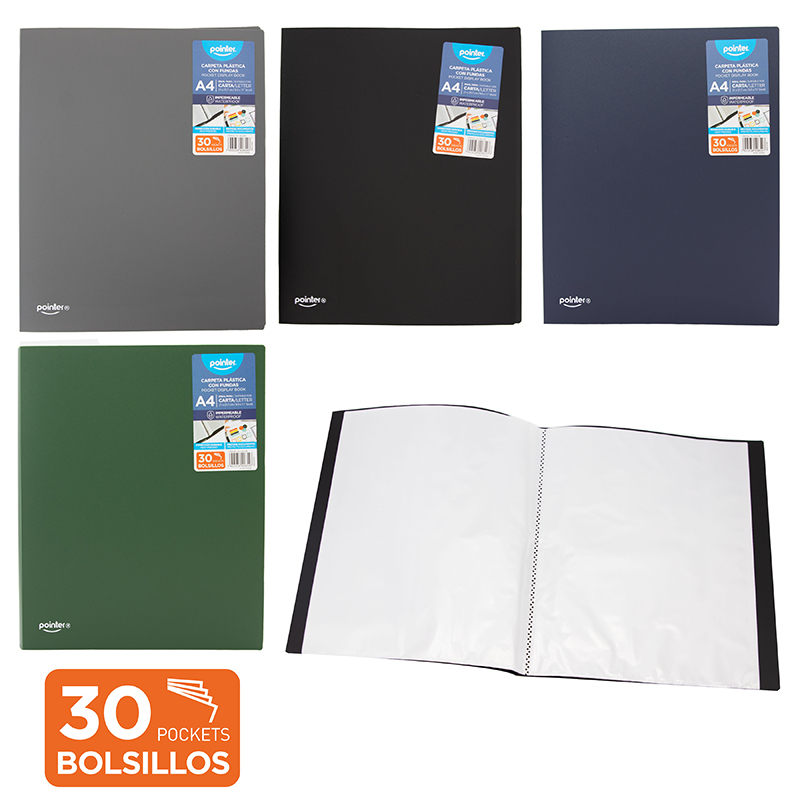 CARPETA PLASTICA CON FUNDAS - 30 BOLSILLOS CARTA/A4 21x29,7Cm