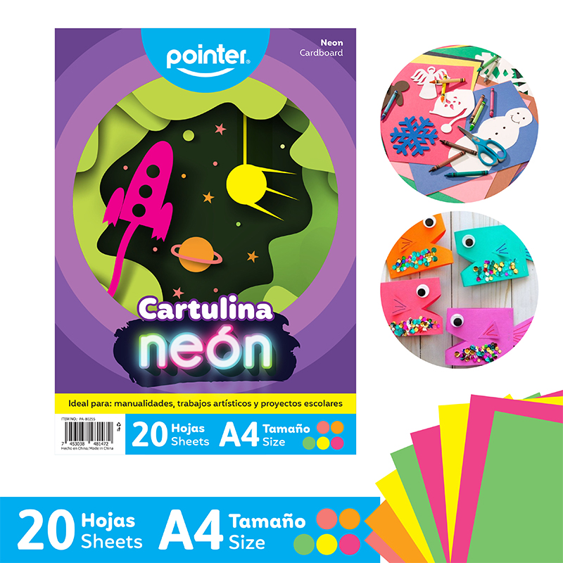 CARTULINAS NEON COLORES SURTIDOS A4 x20UND