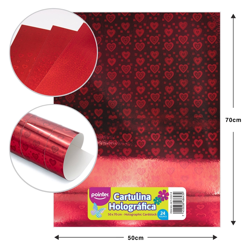 CARTULINA HOLOGRAFICA ROJA - CORAZONES (50x70CM)