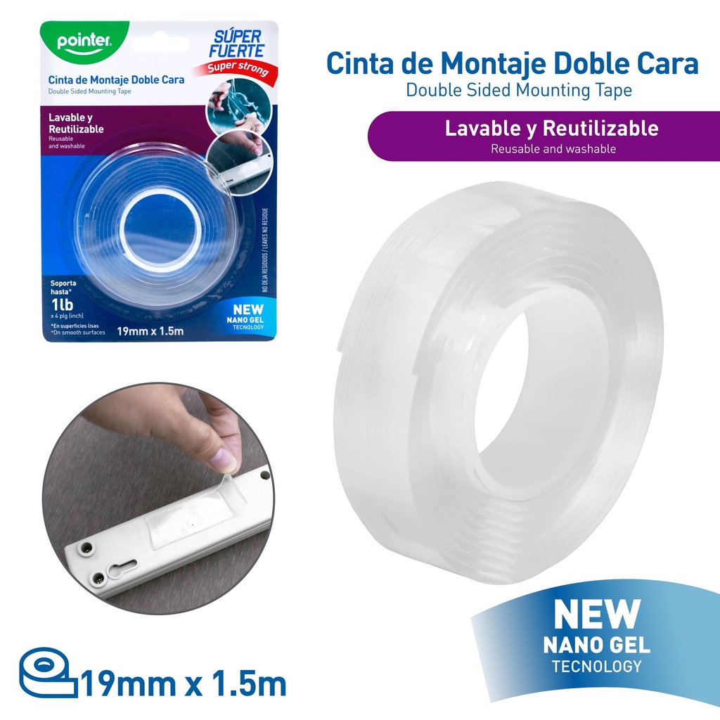CINTA ADHESIVA DOBLE FAZ DE GEL 19MM x1.5M
