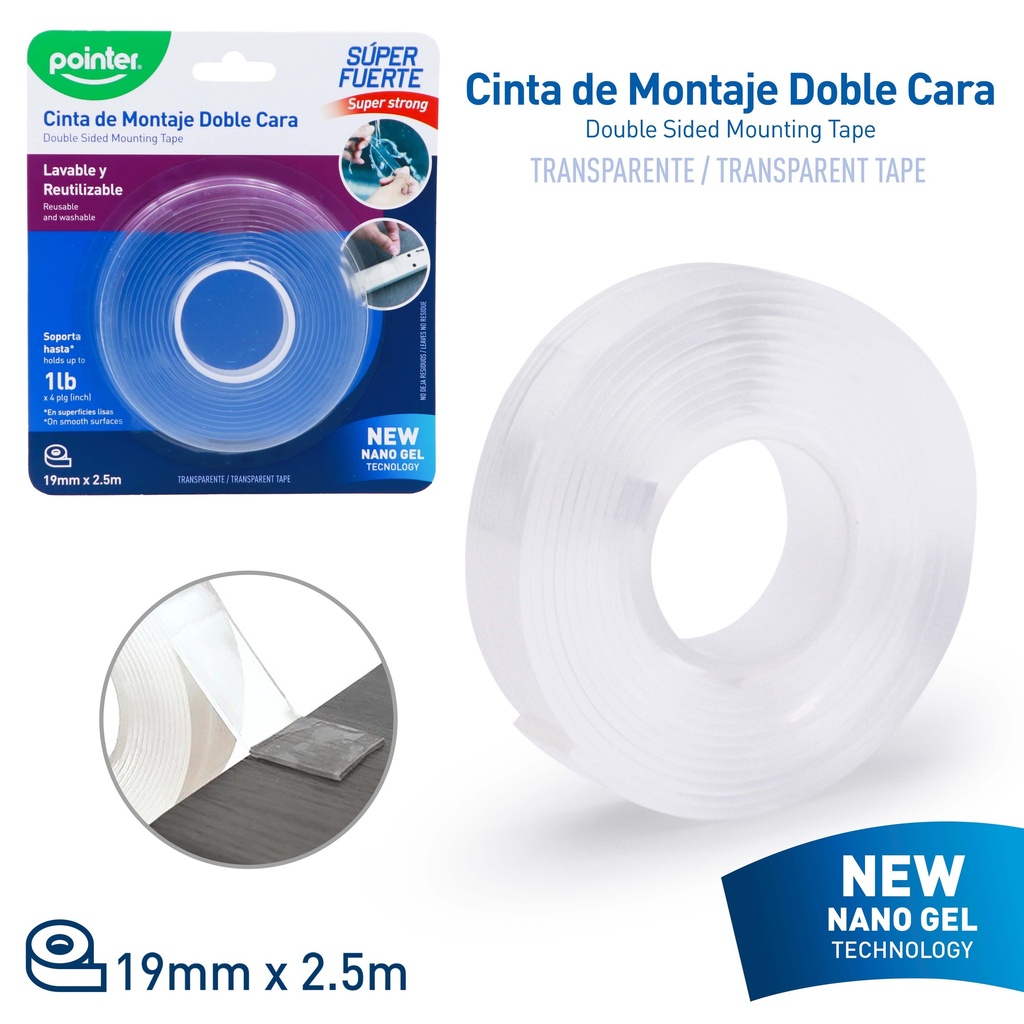 CINTA ADHESIVA DOBLE FAZ DE GEL 19MM x2.5M