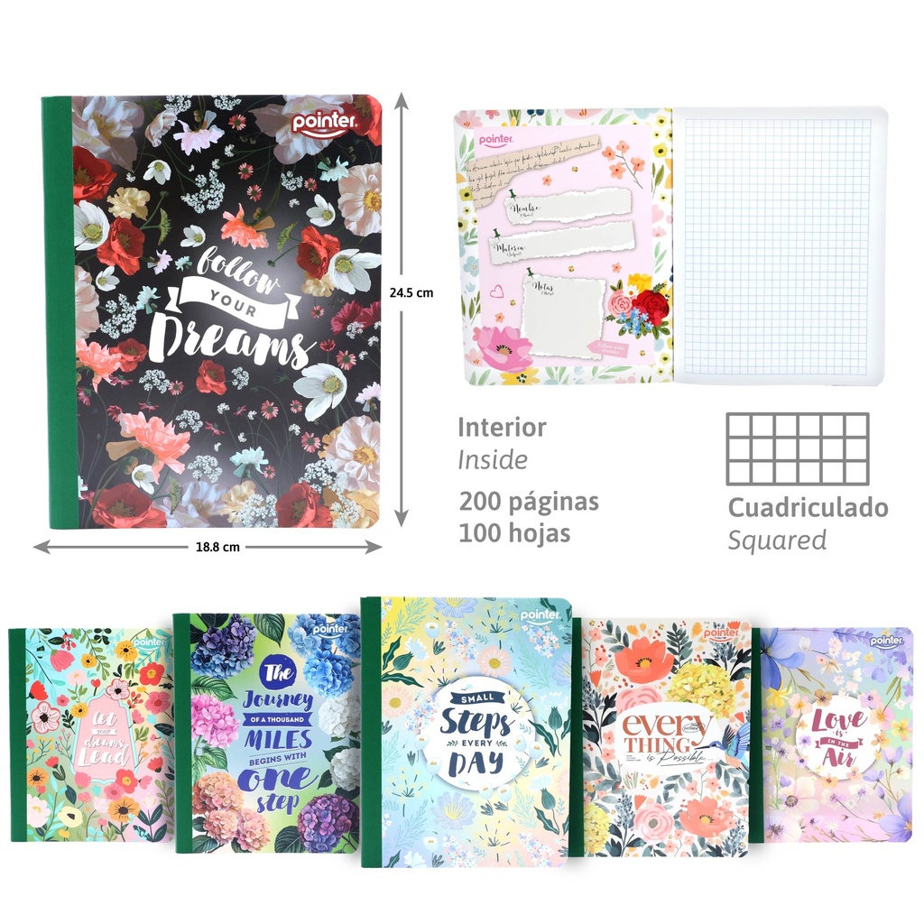 CUADERNO COSIDO A4 CUADRICULADO x100 HOJAS (LETTERING FEMENINO)