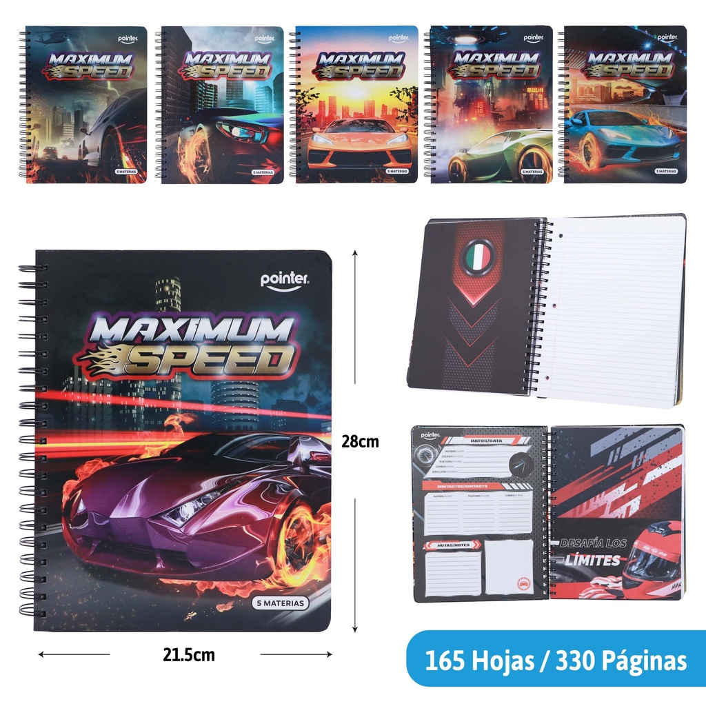 CUADERNO ESPIRAL 5 MATERIAS 330 PAGINAS (CARROS)