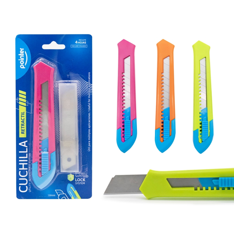CUCHILLA RETRACTIL 18MM + 4 HOJAS DE REPUESTO