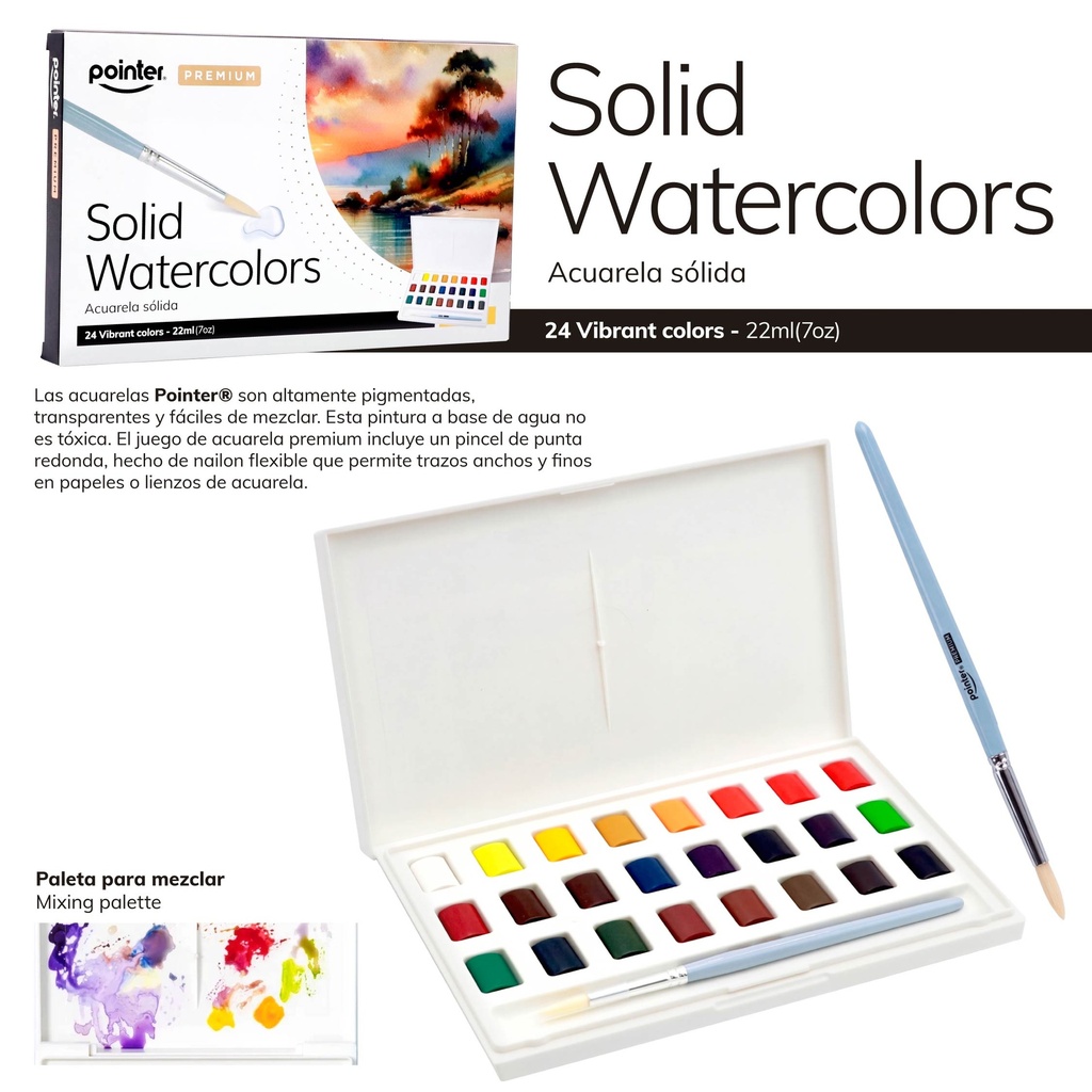 ACUARELA SOLIDA PREMIUM 22ml x24 COLORES CON BANDEJA PARA MEZCLAR