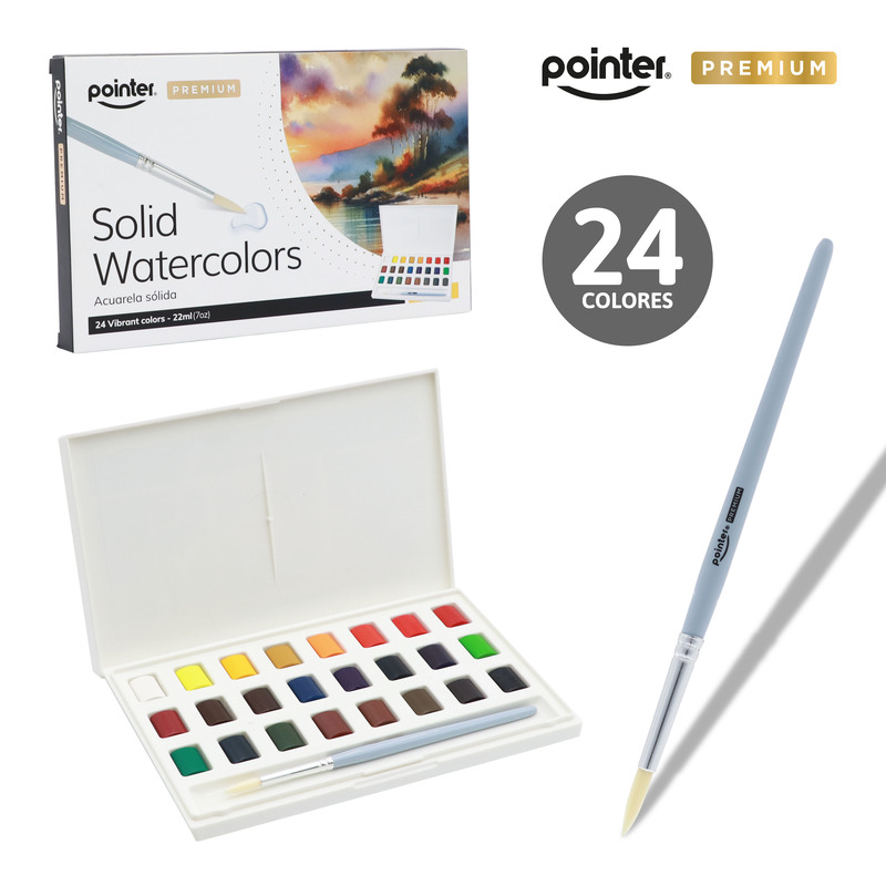 ACUARELA SOLIDA PREMIUM 22ml x24 COLORES CON BANDEJA PARA MEZCLAR