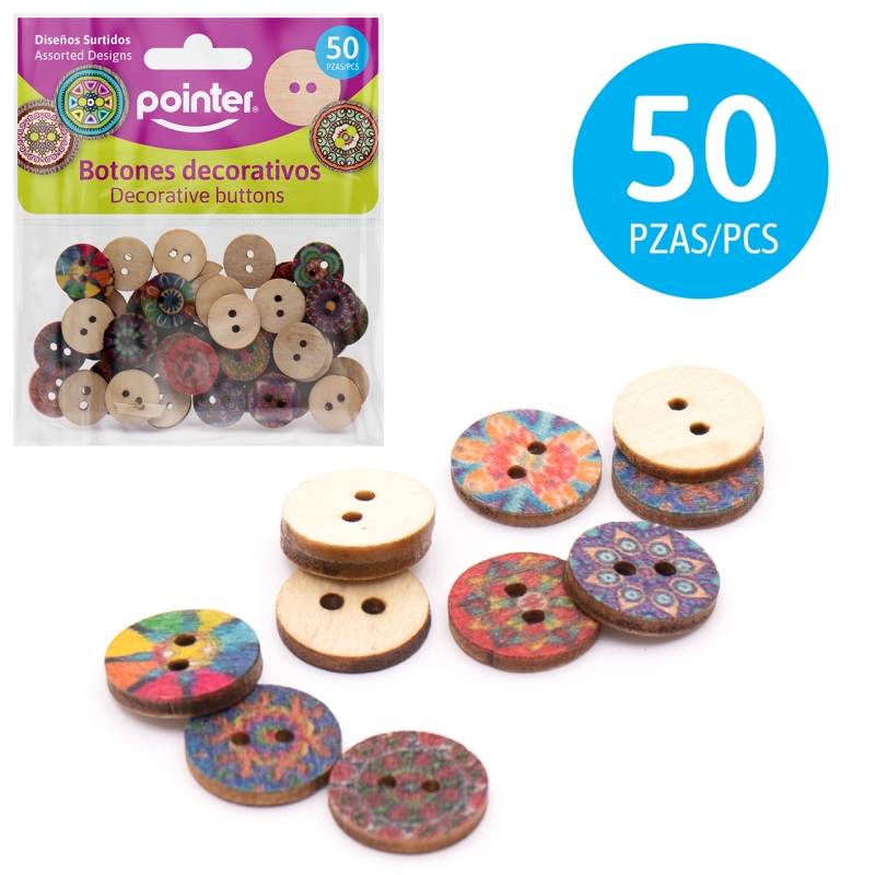 BOTONES DECORATIVOS DE MADERA ESTAMPADOS (CIRCULOS) - x50PZAS