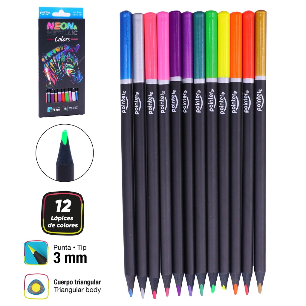 COLORES POINTER x12 (6 NEON, 6 METALIZADOS)