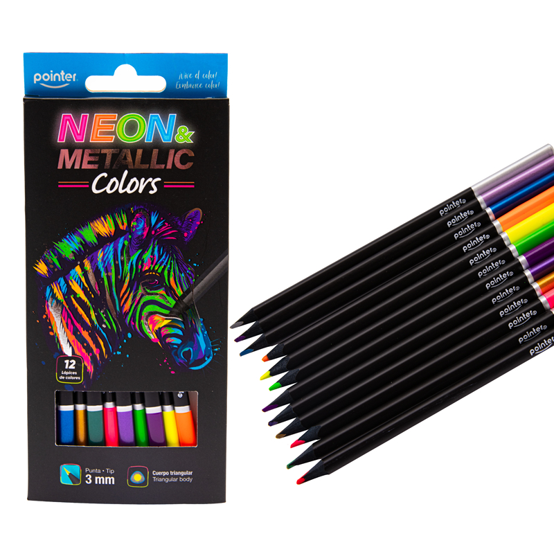 LAPICES DE COLORES x12PZS - 6 NEON Y 6 METALIZADOS