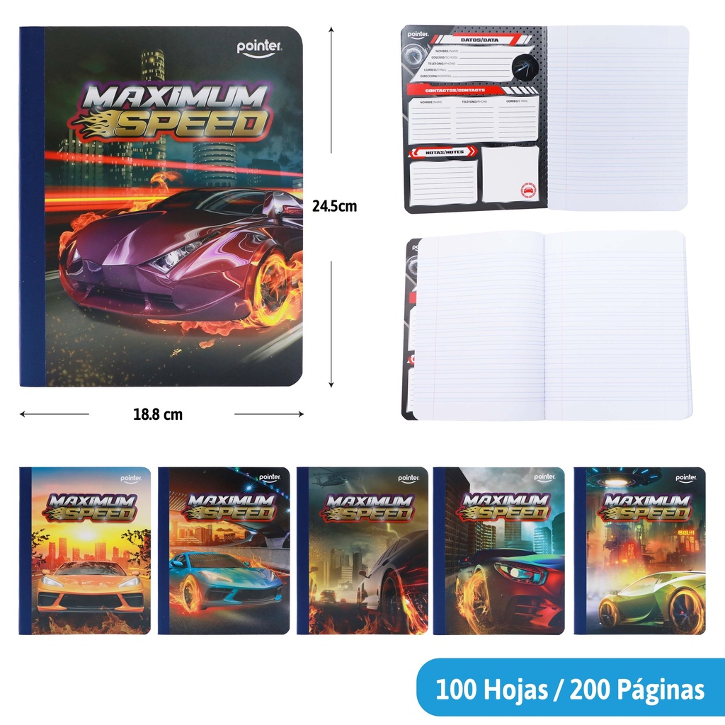 CUADERNO COSIDO DOBLE LINEA 200 PAGINAS (AUTOS)