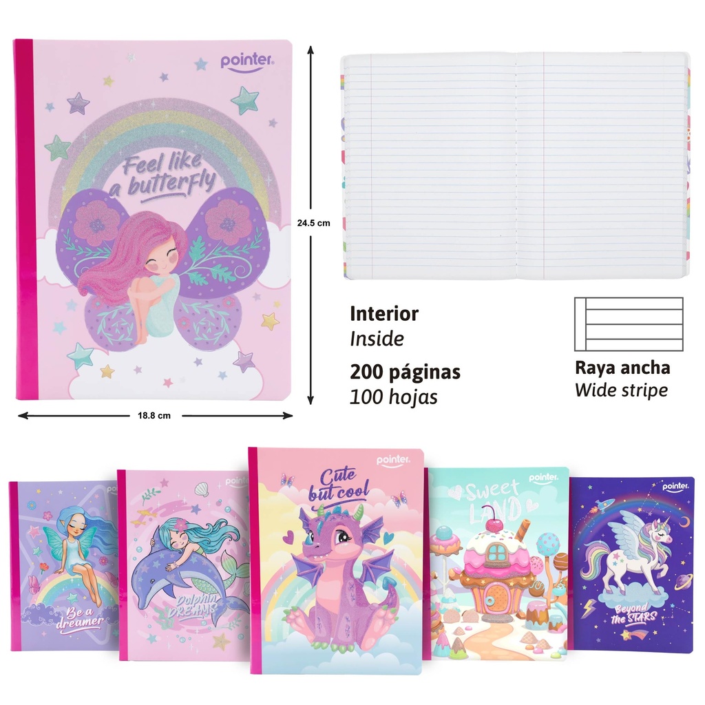 CUADERNO COSIDO A4 RAYA ANCHA x100 HOJAS (GLITTER)