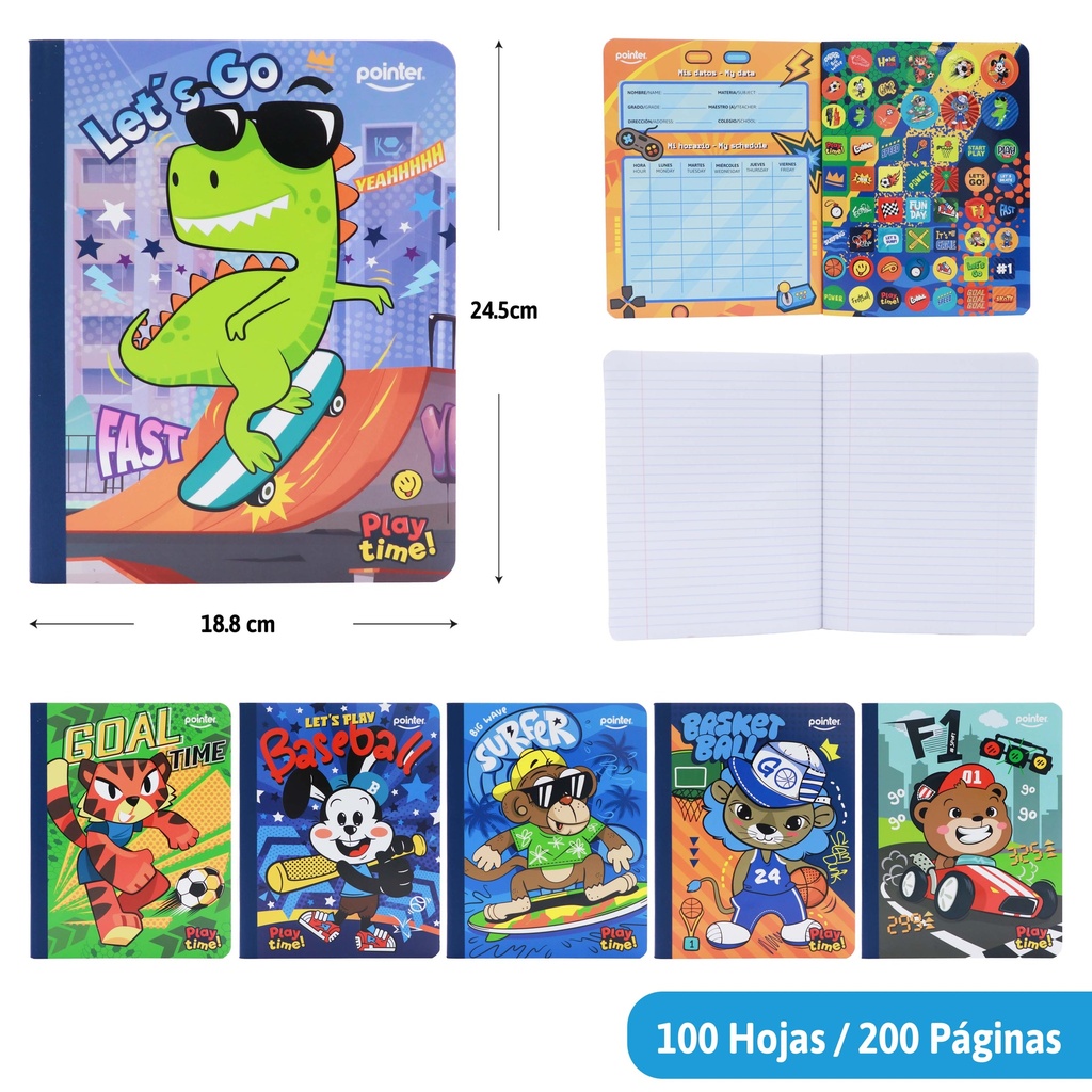 CUADERNO COSIDO A4 RAYA ANCHA x100 HOJAS (STICKERS)