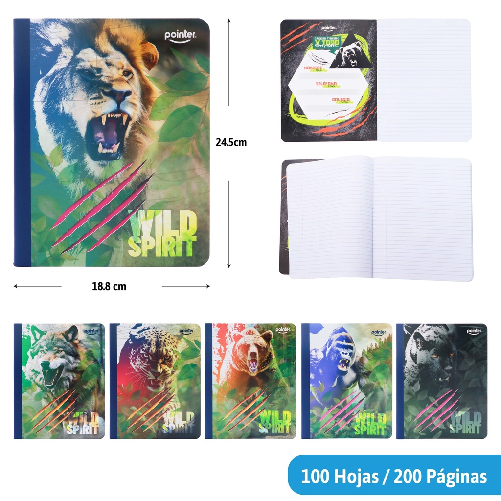 CUADERNO COSIDO RAYA ANCHA 200 PAGINAS (ANIMALES SALVAJES)