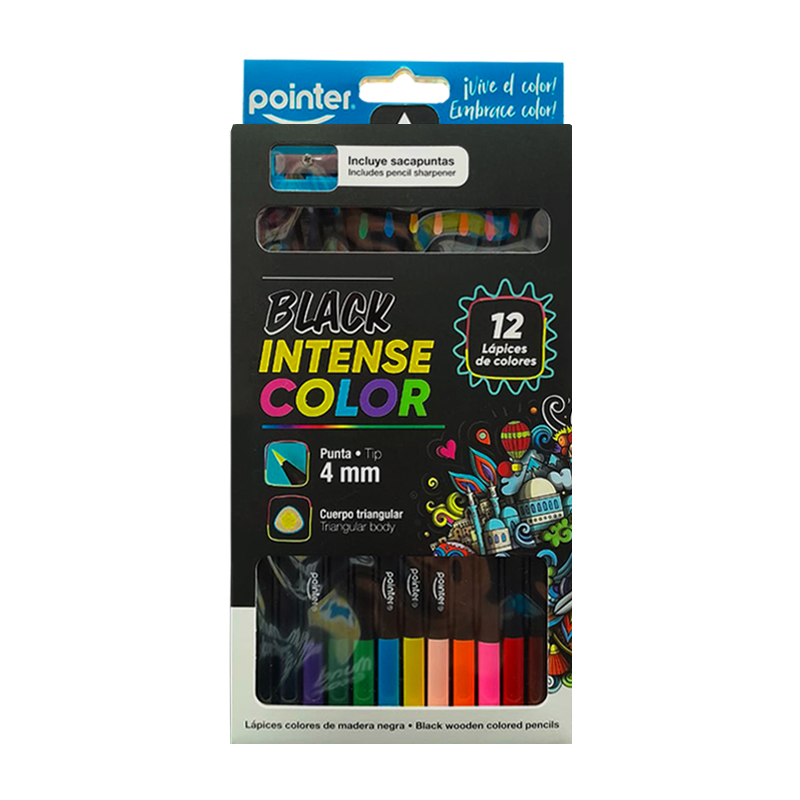 LAPICES DE COLORES INTENSE BLACK 4mm x12PZS - CUERPO TRIANGULAR Y SACAPUNTAS 