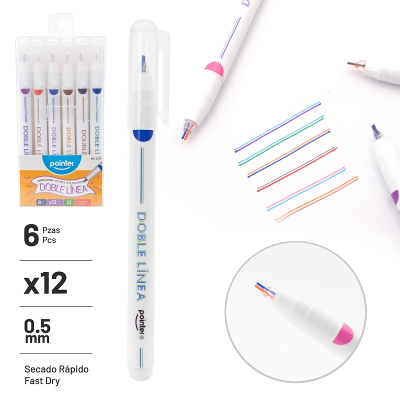 MARCADOR PUNTA ULTRA FINA DOBLE LINEA x6PZAS