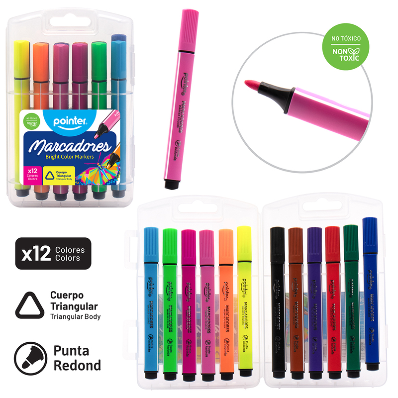 MARCADORES LAVABLES x12 COLORES BRILLANTES - CUERPO TRIANGULAR