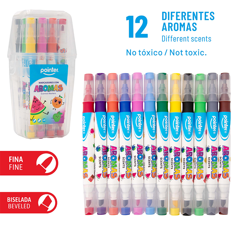 SET DE MARCADORES DOBLE PUNTA CON AROMA x12 COLORES
