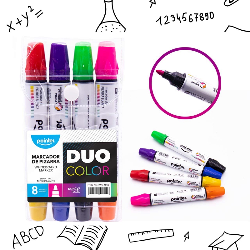MARCADOR DE PIZARRA DOBLE PUNTA x4 PZS/x8 COLORES