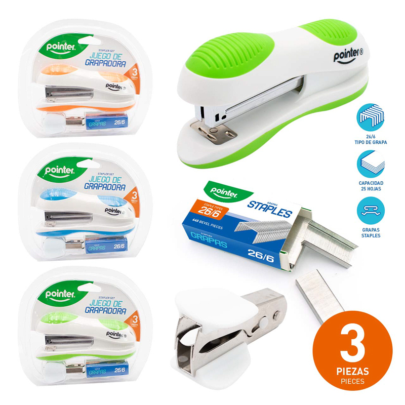 JUEGO DE GRAPADORA CON SACAGRAPAS Y CAJA DE GRAPAS LISAS 26/6