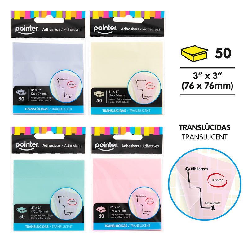 NOTAS ADHESIVAS TRANSLUCIDAS 3" x 3" PASTEL