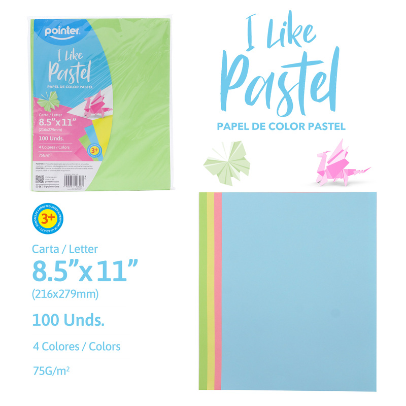 PAPEL DE COLORES PASTEL x100UND - CARTA (21.6 x 27.9CM)
