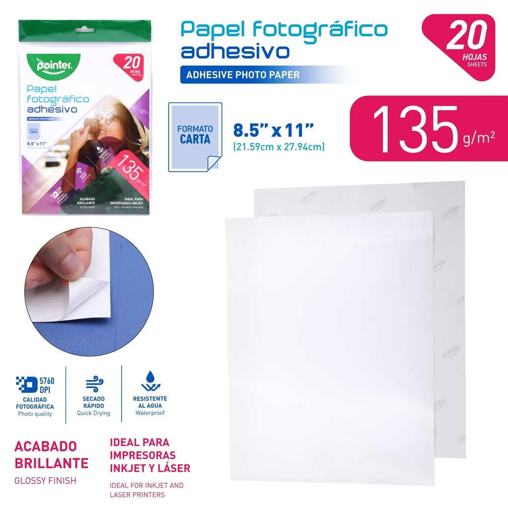 PAPEL FOTOGRAFICO ADHESIVO 135G x20 HOJAS - CARTA (21.6 x 27.9CM)