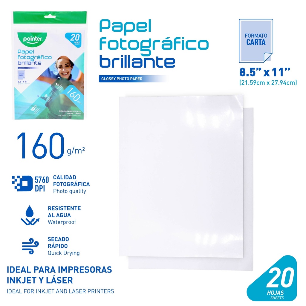 PAPEL FOTOGRAFICO BRILLANTE 160G - CARTA (21.6 x 27.9CM)