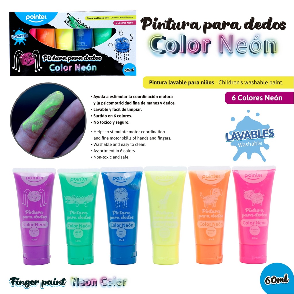 PINTA DEDOS 60ml x 6 COLORES (NEON)