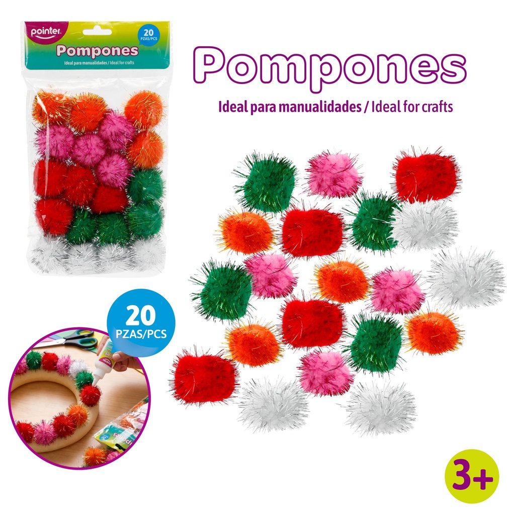 POMPONES GLITTER MULTICOLOR - x20PZAS
