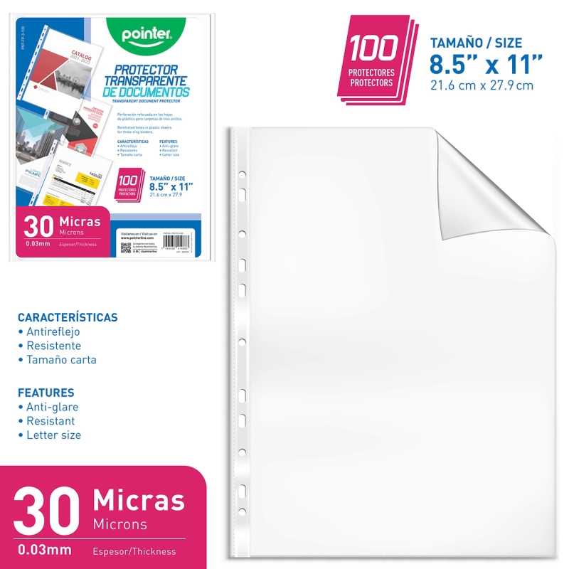 FUNDAS PROTECTORAS TRANSPARENTES 30 MICRAS - 100 HOJAS 21,6x27,9Cm