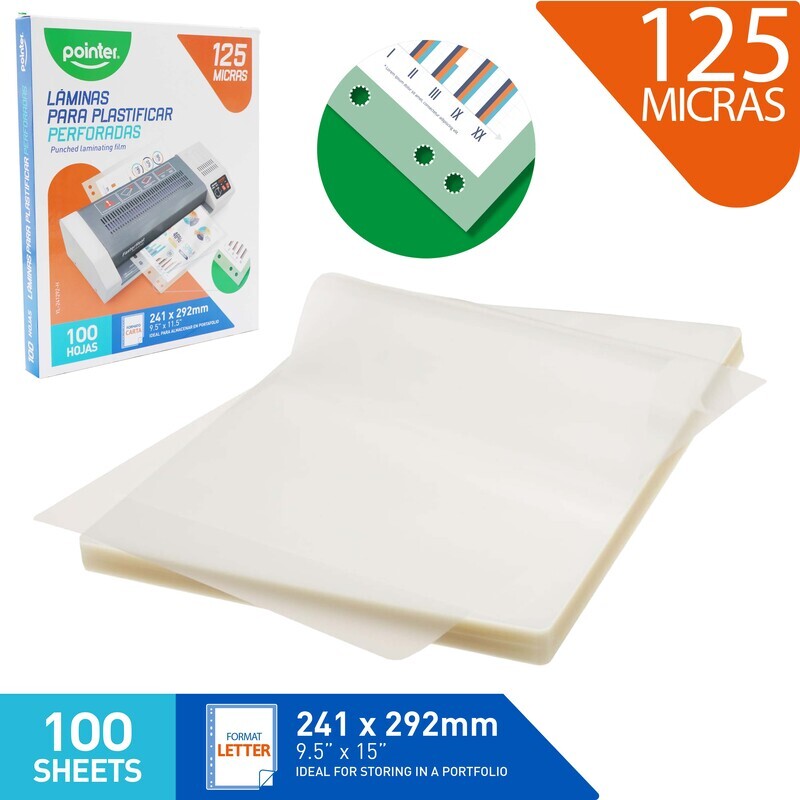 LAMINAS PARA PLASTIFICAR PERFORADAS 125 MICRAS - CARTA (24.1 x 29.2MM) x100 HOJAS