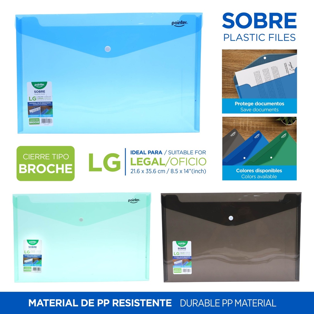 SOBRE PLASTICO TRANSPARENTE PORTADOCUMENTOS - OFICIO/LEGAL 21,6x35,6Cm