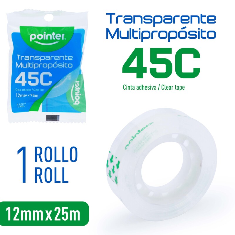 CINTA ADHESIVA TRANSPARENTE MULTIPROPOSITO 45C - 1,2Cm x 25Mts