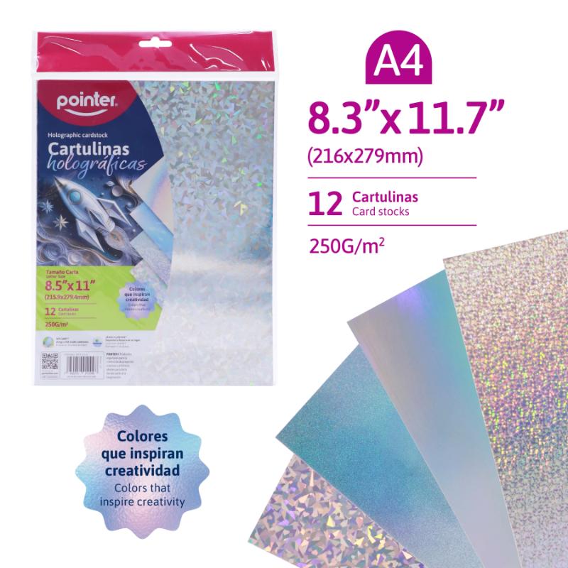 CARTULINA HOLOGRAFICA PLATEADA 12 HOJAS A4