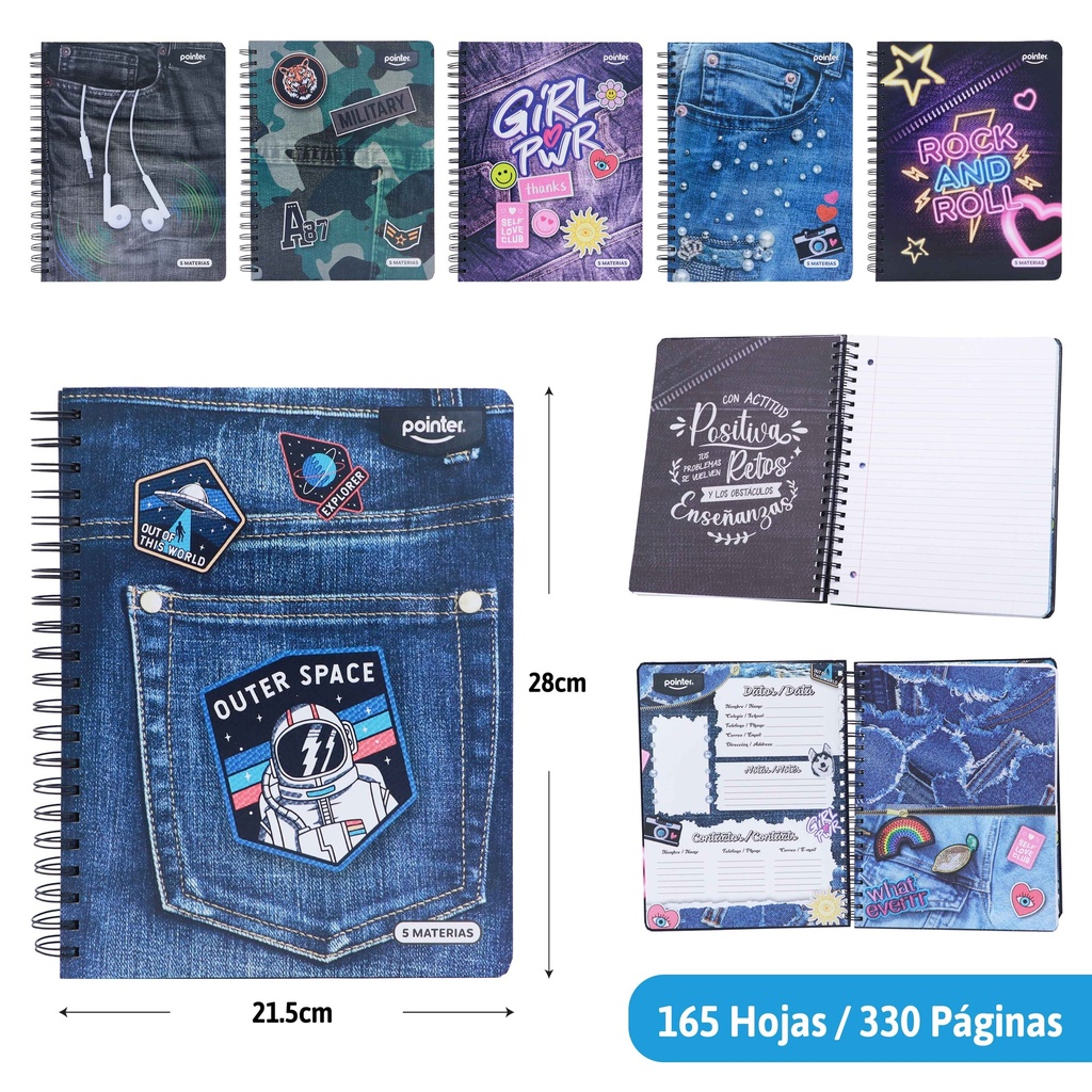 CUADERNO ESPIRAL 5 MATERIAS 330 PAGINAS (JEANS)