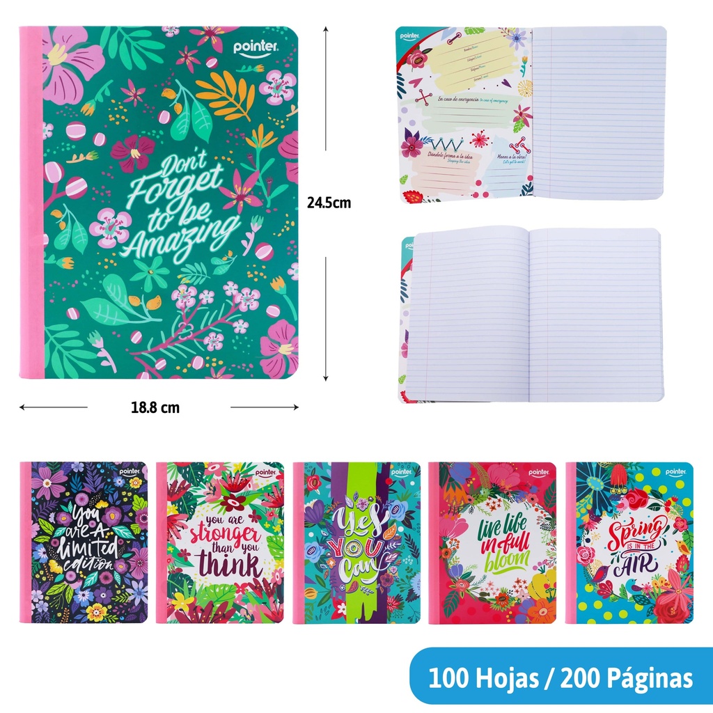 CUADERNO COSIDO RAYA ANCHA 200 PAGINAS (FLORES)
