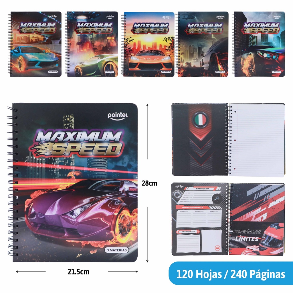 CUADERNO ESPIRAL 3 MATERIAS (CARROS)