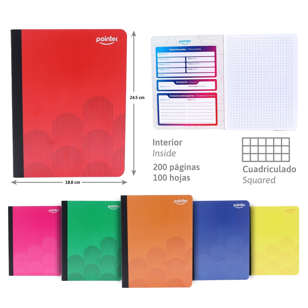 CUADERNO COSIDO A4 CUADRITOS x100 HOJAS (COLOR)