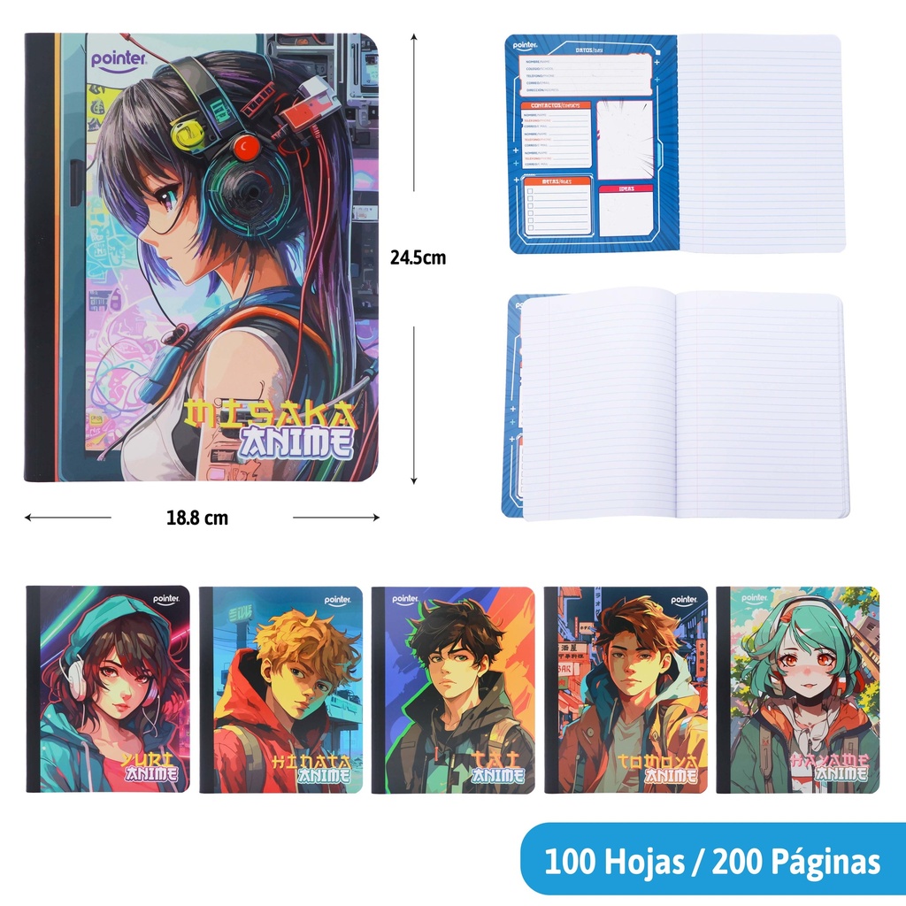 CUADERNO COSIDO RAYA ANCHA 200 PAGINAS (ANIME)
