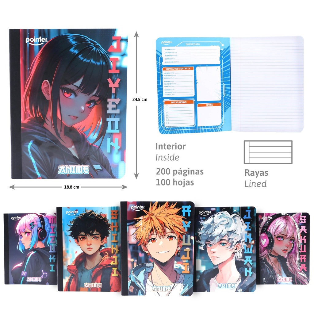 CUADERNO COSIDO RAYA ANCHA 200 PAGINAS (ANIME)