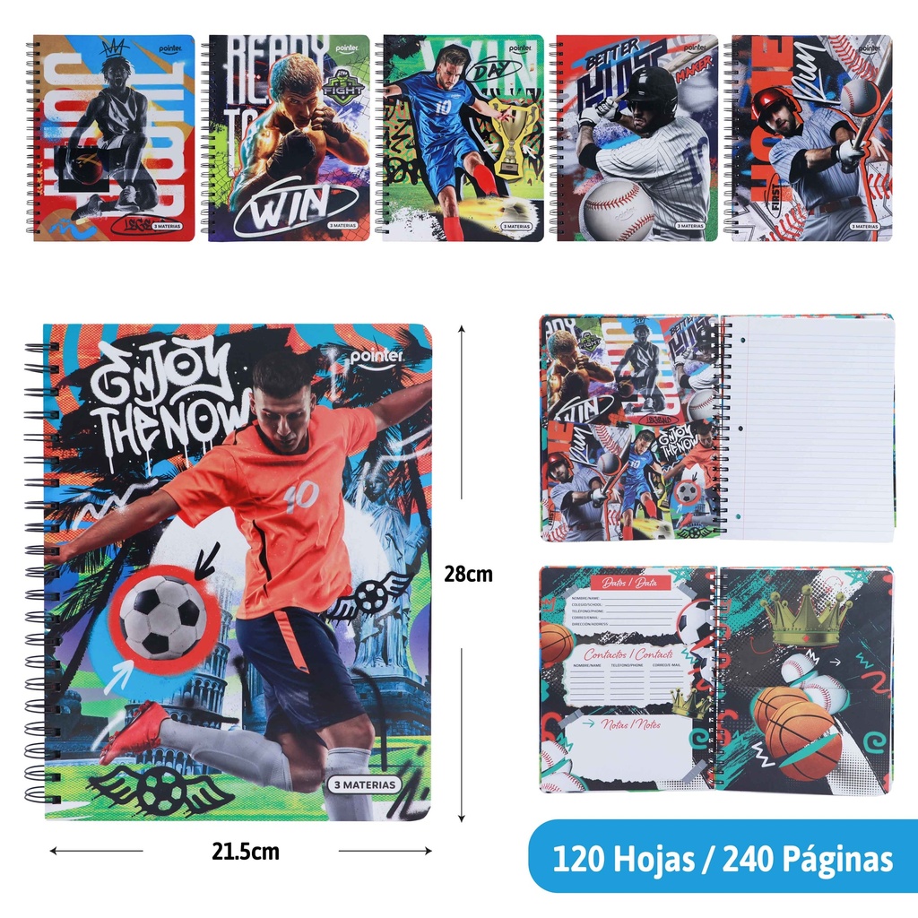 CUADERNO ESPIRAL 3 MATERIAS 330 PAGINAS (DEPORTE)