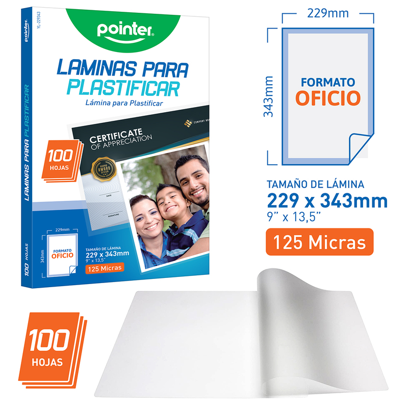 LAMINAS PARA PLASTIFICAR 125 MICRAS - OFICIO (22.9 x 34.3CM) UNIDAD