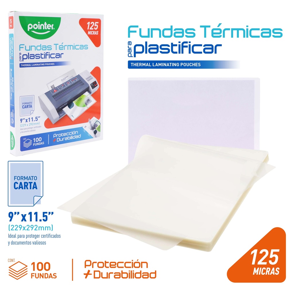 LAMINAS PARA PLASTIFICAR 125 MICRAS x100UND - CARTA (22.9 x 29.2CM)