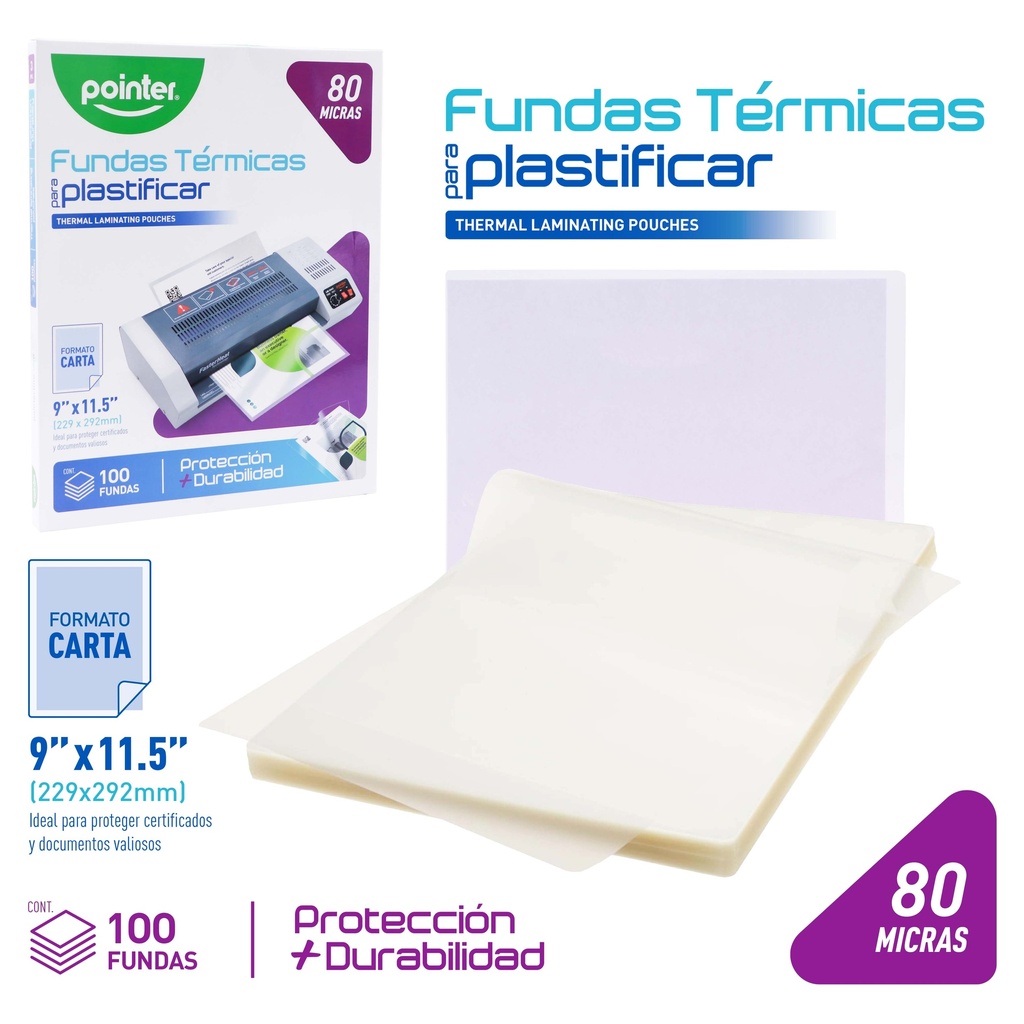 LAMINAS PARA PLASTIFICAR 80 MICRAS x100UND - CARTA (22.9 x 29.2CM)